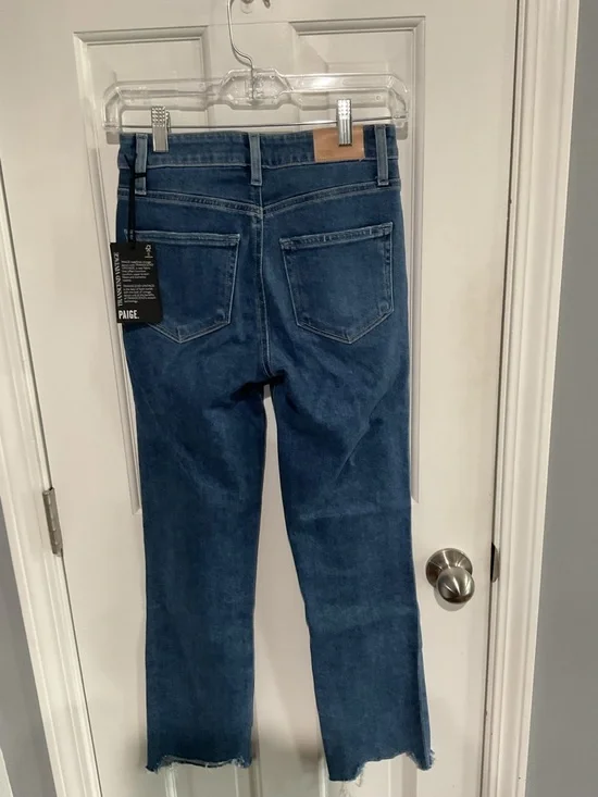 NWT PAIGE Cindy Bay Straight-Leg Jeans in Medium Blue Wash Destroyed Hem Size 24 - Picture 3 of 7